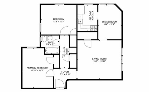 A black and white image of a floor plan for a house.